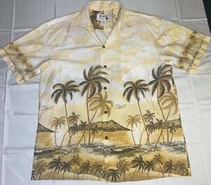 KY'S Men's Large Cotton Hawaiian Shirt Yellow Palms Diamond Head Airplane #5
